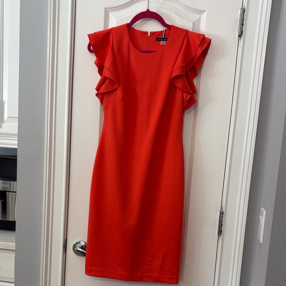 Tommy Hilfiger Vibrant Red/orange Midi Dress with Ruffle Sleeves